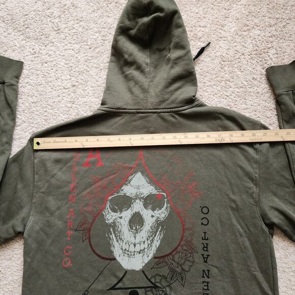Sullen Art Hoodie Mens M Army Green Pullover Skulls Tattoo Sweatshirt Buckle - Picture 9 of 10